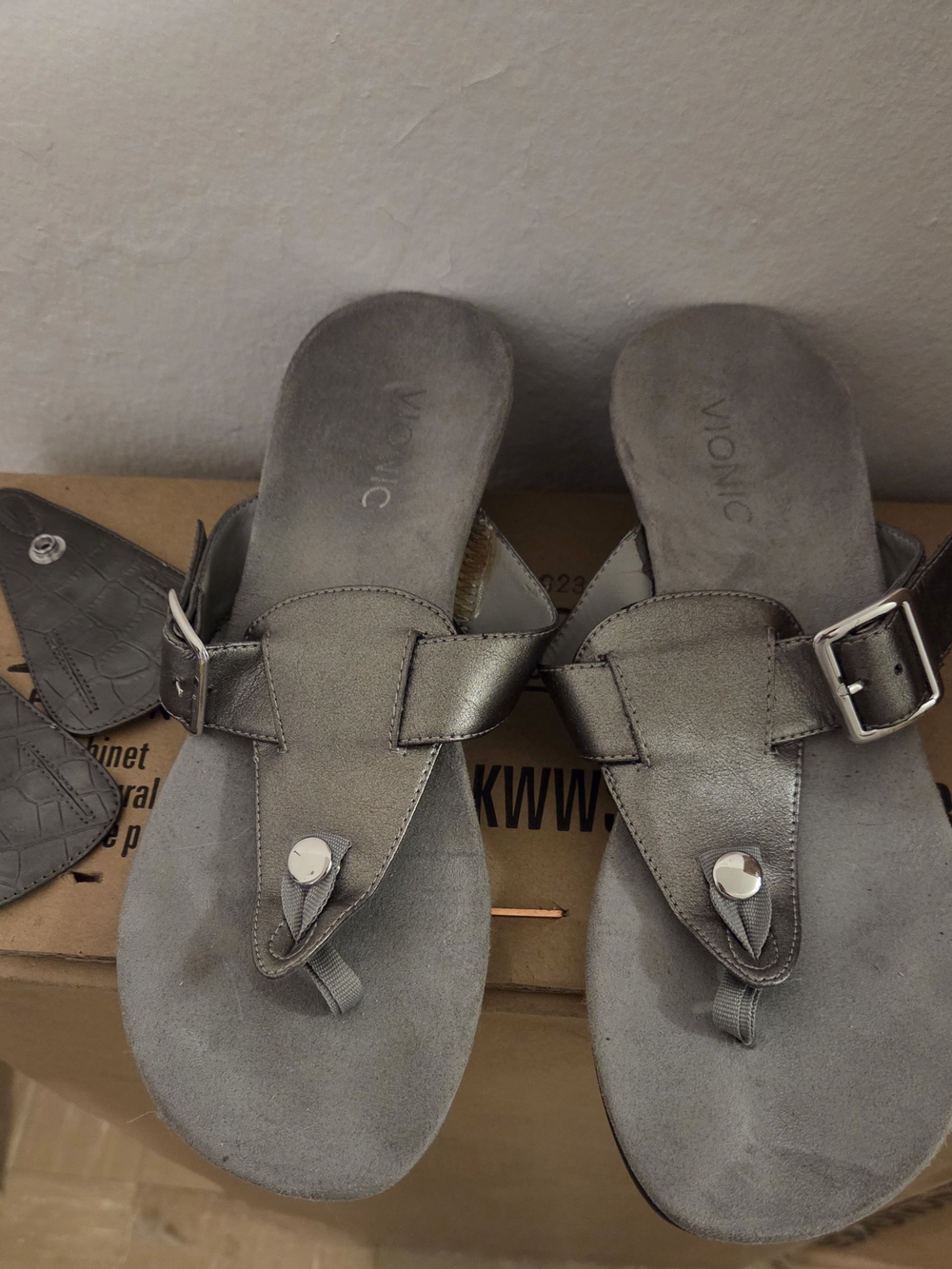 Vionic Metallic Gray Thong Sandals with Buckle